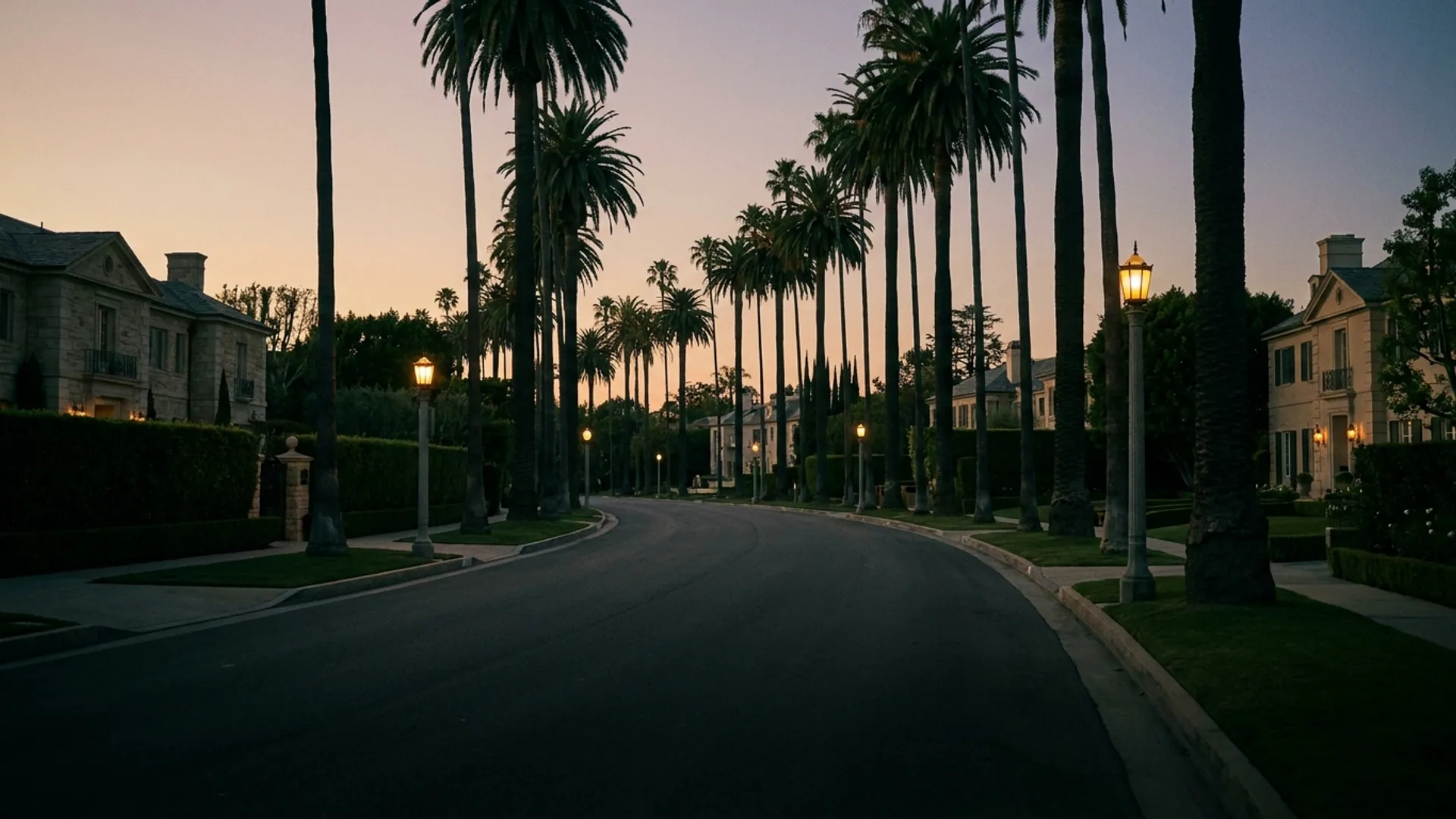 Palm-lined Beverly Hills residential boulevard at dusk