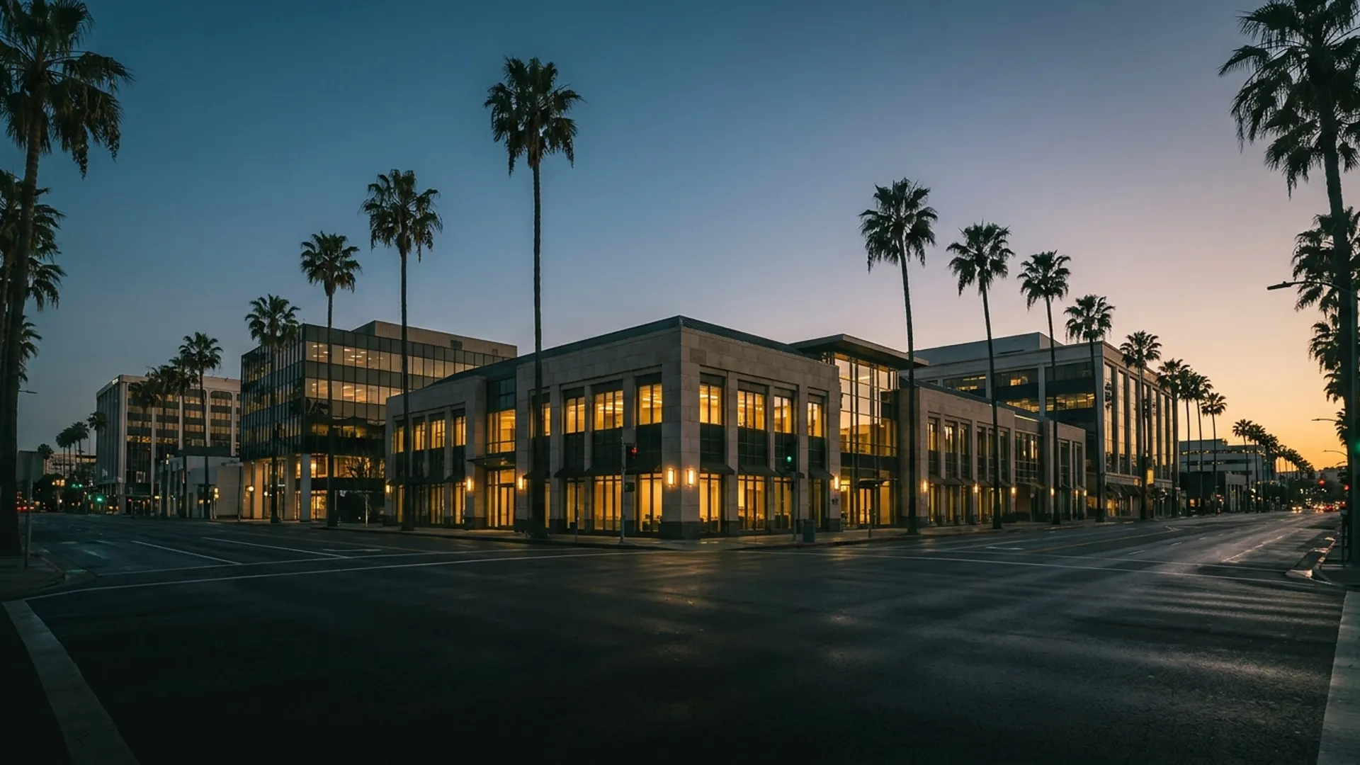 Wilshire Boulevard corridor in Beverly Hills at blue hour