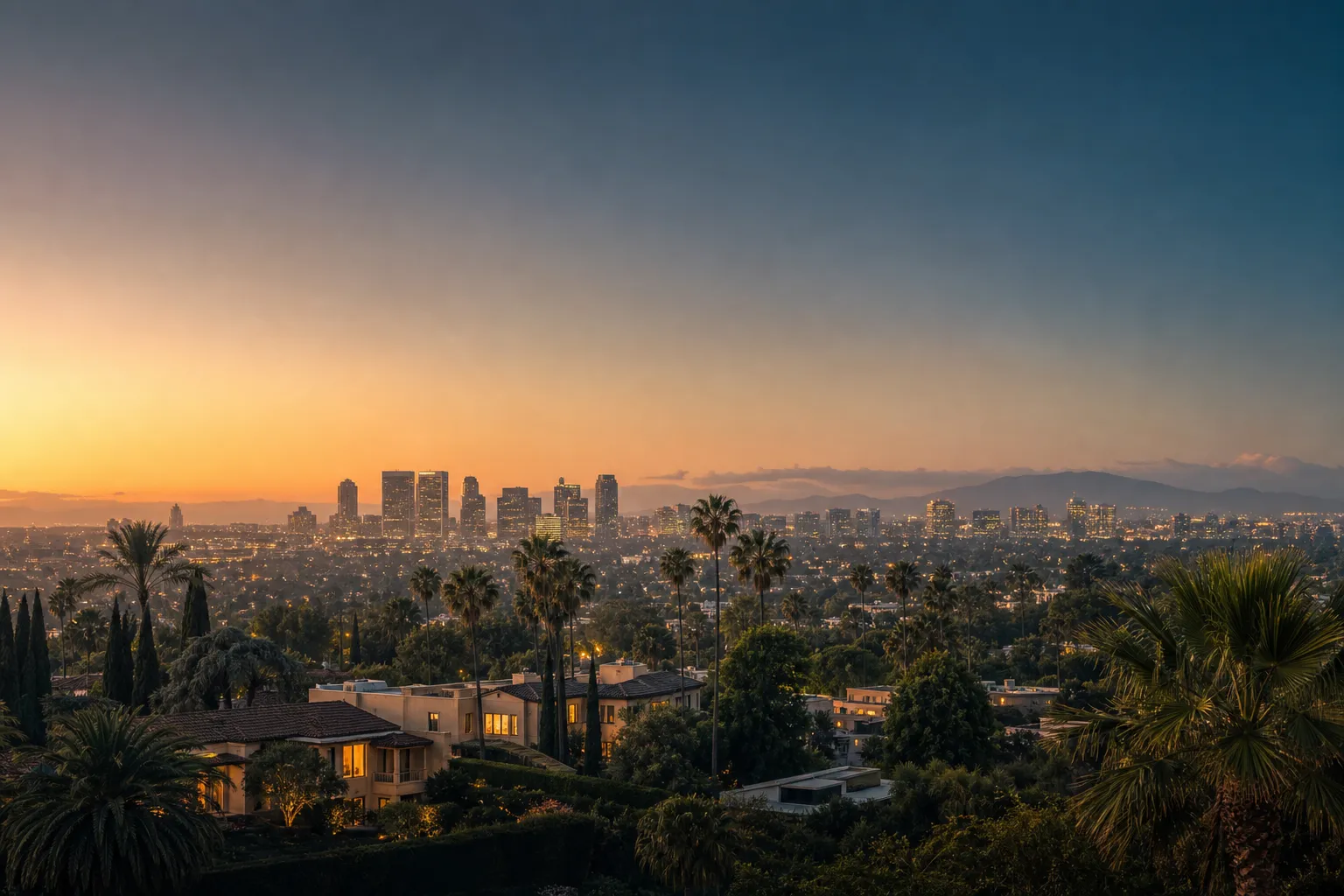 Cinematic dusk view across the Los Angeles basin from the Beverly Hills foothills, palm-lined estates in the foreground and the skyline rising under a peach-to-indigo sky.